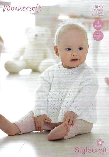 Stylecraft Baby 4 Ply Knitting Pattern - 8975 Cardigan, Sweater & Beret
