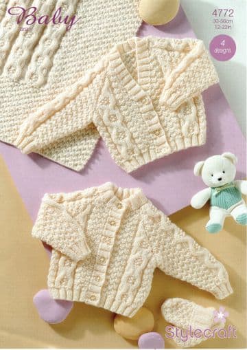 Stylecraft Baby Aran Knitting Pattern - 4772 Cardigan, Blanket & Mittens