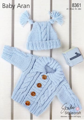 Stylecraft Baby Aran Knitting Pattern - 8361 Cardigan & Hat