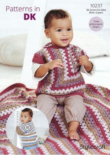 Stylecraft Baby DK Crochet Pattern - 10237 Tops & Blanket (3 Easy Granny Square Designs)