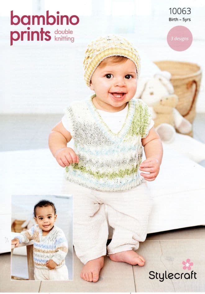 Stylecraft Baby DK Knitting Pattern - 10063 Sweater, Tank Top & Hat