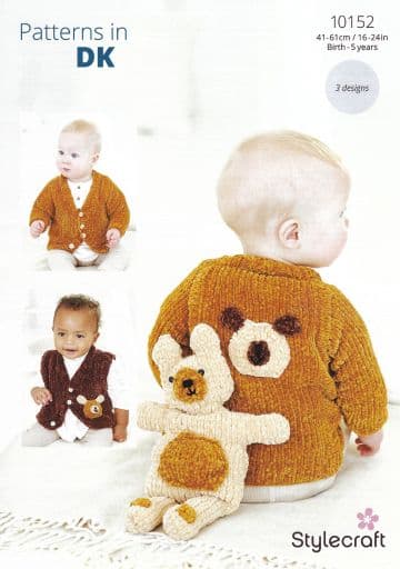 Stylecraft Baby DK Knitting Pattern - 10152 Cardigan, Waistcoat & Teddy Toy (3 Designs)