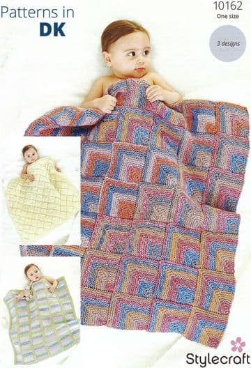 Stylecraft Baby DK Knitting Pattern - 10162 Blankets (3 Designs)