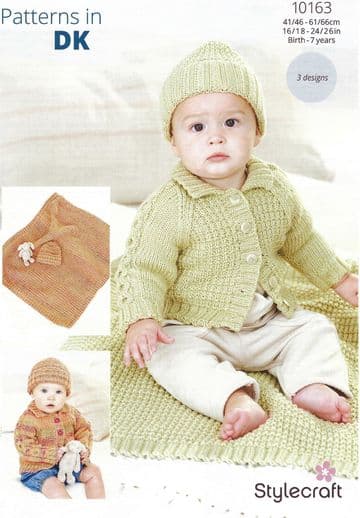 Stylecraft Baby DK Knitting Pattern - 10163 Cardigan, Hat & Blanket (3 Designs)