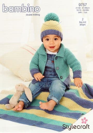 Stylecraft Baby DK Knitting Pattern - 9757 Cardigan, Hat & Blanket