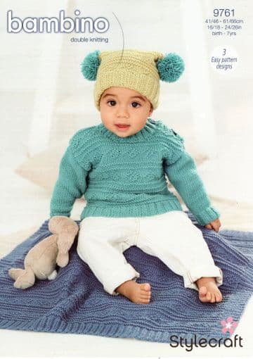 Stylecraft Baby DK Knitting Pattern - 9761 Sweater, Hat & Blanket