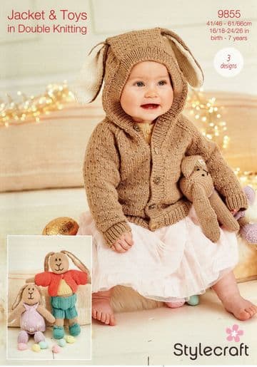 Stylecraft Baby DK Knitting Pattern - 9855 Bertie & Bettie Bunny Toys & Jacket