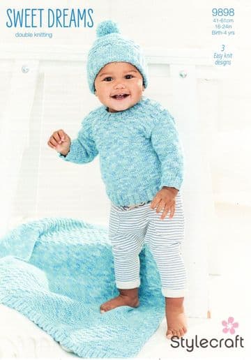 Stylecraft Baby DK Knitting Pattern - 9898 Sweater, Hat & Blanket