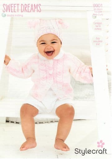 Stylecraft Baby DK Knitting Pattern - 9901 Cardigan, Hat & Mittens