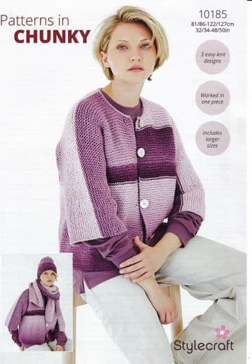 Stylecraft Chunky Knitting Pattern - 10185 Ladies Cardigan, Hat & Scarf (32/34-48/50ins)