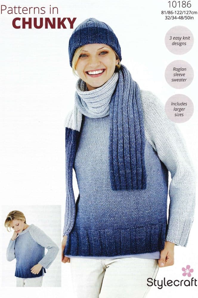 Stylecraft Chunky Knitting Pattern - 10186 Ladies Sweater Hat & Scarf ...