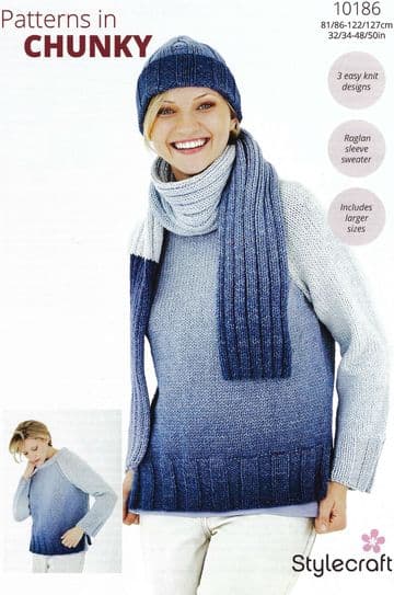 Stylecraft Chunky Knitting Pattern - 10186 Ladies Sweater. Hat & Scarf (32/34-48/50ins)