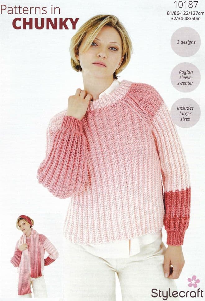 Stylecraft Chunky Knitting Pattern - 10187 Ladies Sweater, Scarf & Headband (32/34-48/50ins)
