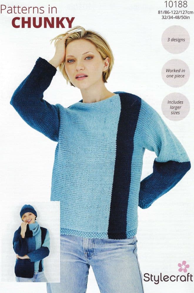 Stylecraft Chunky Knitting Pattern - 10188 Ladies Sweater, Hat & Scarf (32/34-48/50ins)