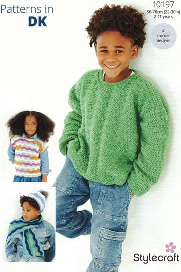 Stylecraft DK Crochet Pattern - 10197 Children's Sweater, Top, Hat & Scarf (2-11years)