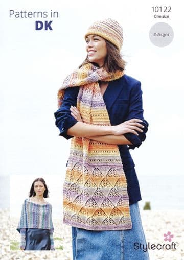 Stylecraft DK Knitting Pattern - 10122 Ladies Wrap, Scarf & Hat
