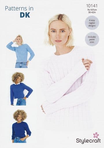 Stylecraft DK Knitting Pattern - 10141 Ladies Sweaters (4 Easy Raglan Designs)
