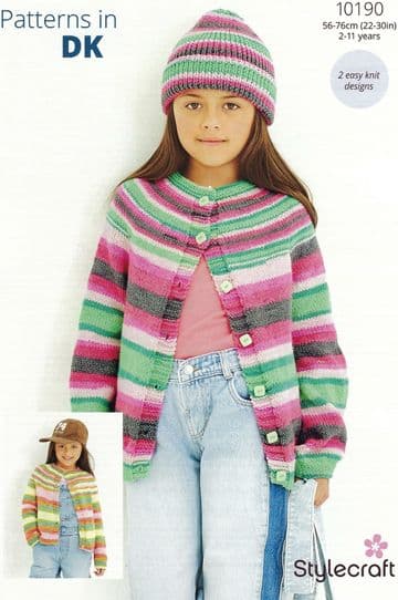 Stylecraft DK Knitting Pattern - 10190 Girl's Cardigan & Hat (2-11years)