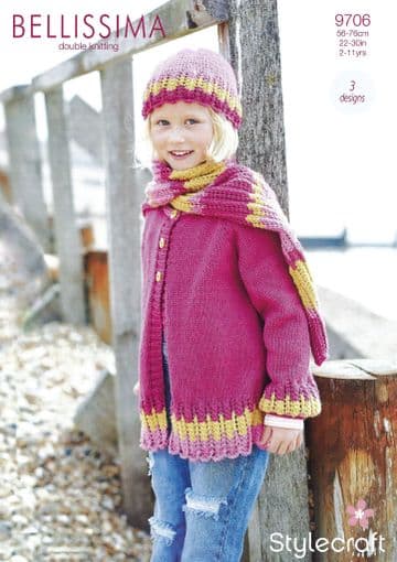 Stylecraft DK Knitting Pattern - 9706 Children's Cardigan, Hat & Scarf