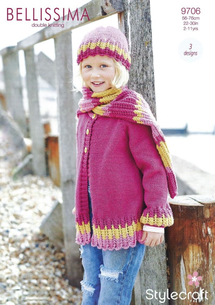 Stylecraft DK Knitting Pattern - 9706 Children s Cardigan Hat & Scarf