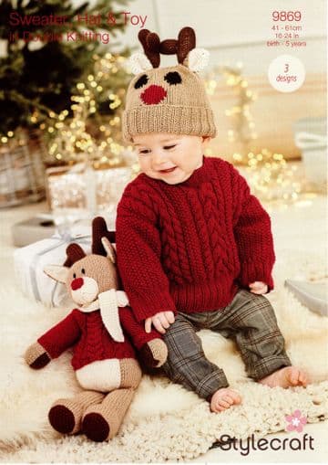 Stylecraft DK Knitting Pattern - 9869 Reindeer Toy, Hat & Sweater