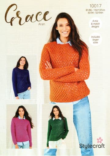 Stylecraft Grace Aran Knitting Pattern - 10017 Ladies Sweaters