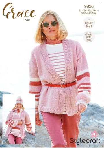 Stylecraft Grace Aran Knitting Pattern - 9926 Ladies Cardigan, Hat & Scarf