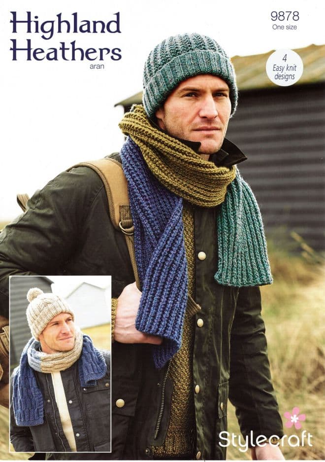 Stylecraft Highland Heathers Aran Knitting Pattern - 9878 Mens Hats & Scarves
