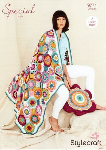 Stylecraft Special Aran Crochet Pattern - 9771 Blanket & Cushion