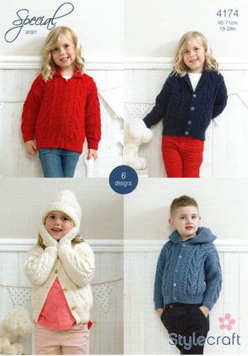 Stylecraft Special Aran Knitting Pattern - 4174 Children's Jackets, Hat & Mittens