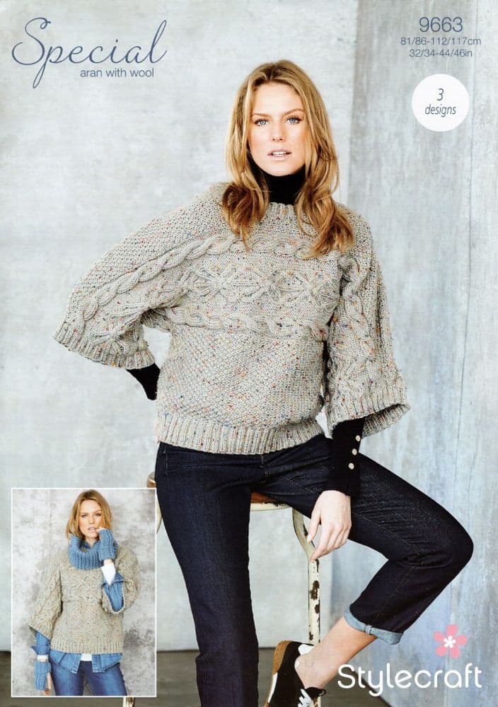 Stylecraft Special Aran Knitting Pattern 9663 Top Snood & Wristwarmers