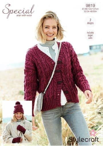 Stylecraft Special Aran Knitting Pattern - 9819 Ladies Cardigan, Hat & Wristwarmers