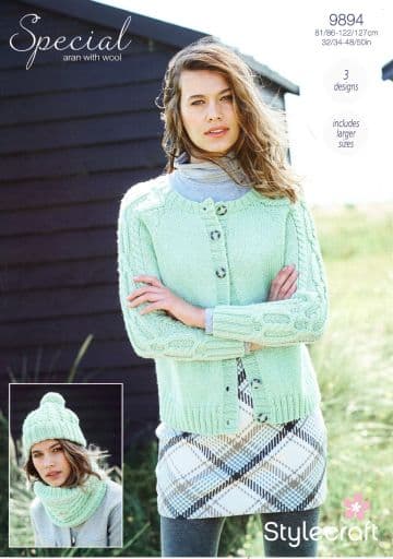 Stylecraft Special Aran Knitting Pattern - 9894 Ladies Cardigan, Hat & Snood