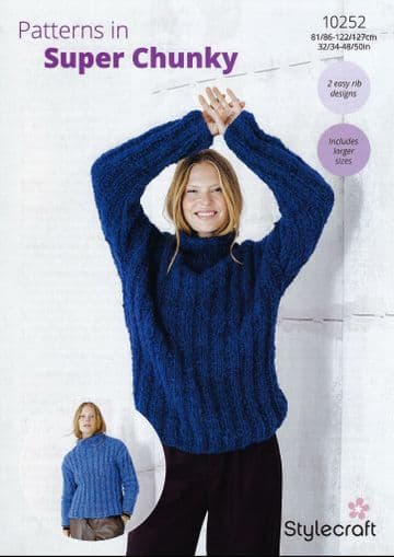Stylecraft Super Chunky Knitting Pattern - 10252 Ladies Sweaters (2 Easy Rib Designs)