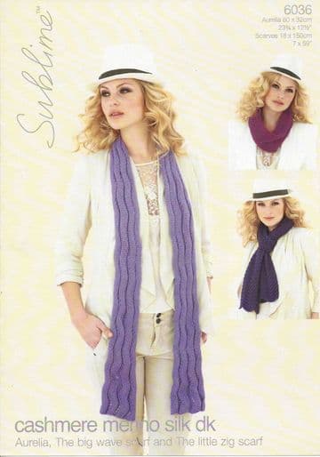 Sublime Cashmere Merino Silk DK Knitting Pattern - 6036 Scarves & Snood