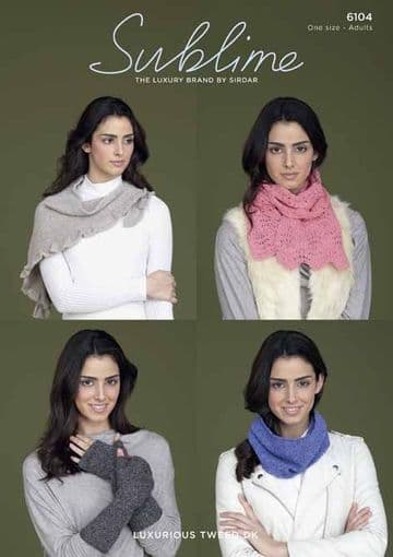 Sublime Luxurious Tweed DK - 6104 Scarf, Snood, Wristwarmers & Shawl Knitting Pattern