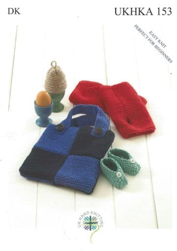 UKHKA 153 Knitting Pattern - Baby Shoes, Egg Cosy, Wrist Warmers & Bag