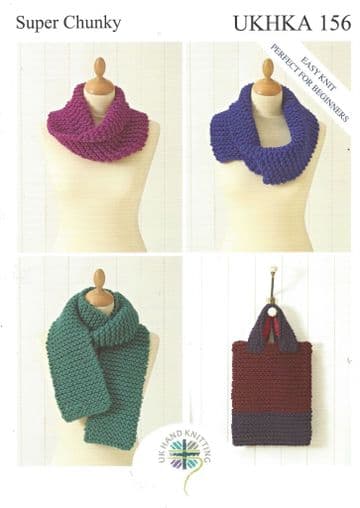 UKHKA 156 Knitting Pattern - Scarf, Snoods & Bag