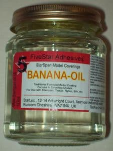 Banana oil a low shrinkage model coating for lightweight model aeroplane structures its main use is for use in covering indoor or outdoor model aeroplanes with coverings such as tissue, starspan, silk, nylon