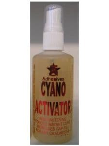 cyano accelerator cyano activator kicker for all cyanoa adhesives and superglue cyano glues.This accelerator is the best accelerator kicker for use on all brands of cyano superglue low odour and non whitening on cure