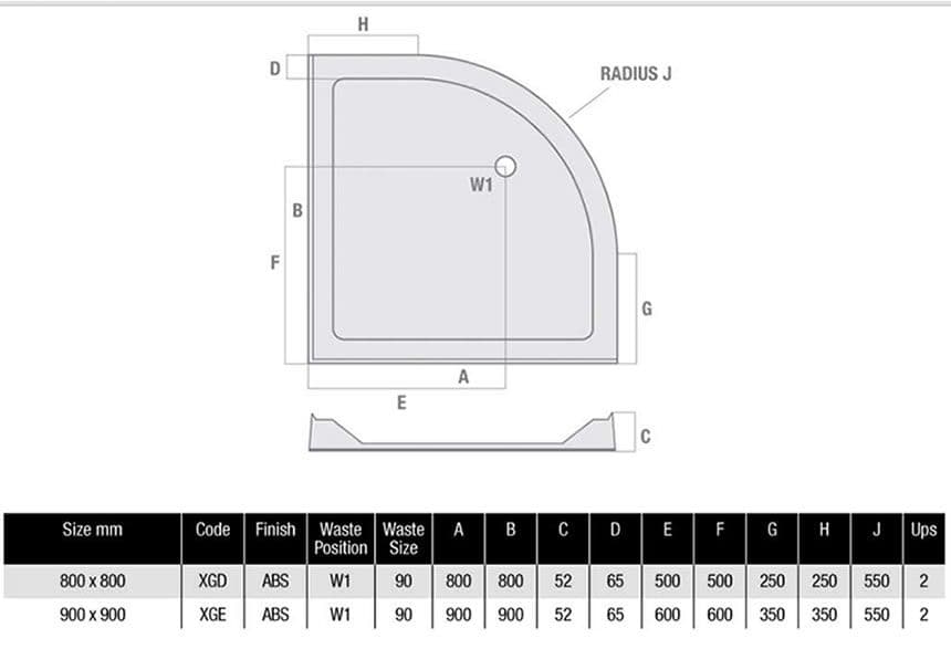 MX Durastone 900mm x 900mm Low Profile Quadrant Shower Tray with