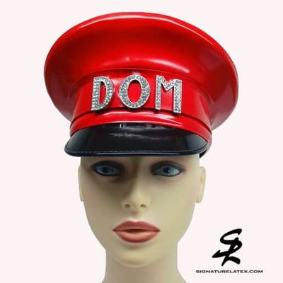 Latex military hat in red with  diamante wording (E)