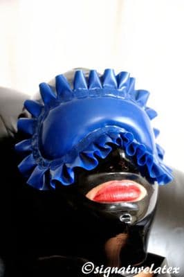 Latex padded blindfold with frill and 3 bar slide adjustment