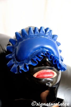 Latex padded blindfold with frill and 3 bar slide adjustment