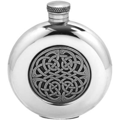 Circular Celtic Knot Badge Polished 6oz Pewter Hip Flask  - PCCEL407