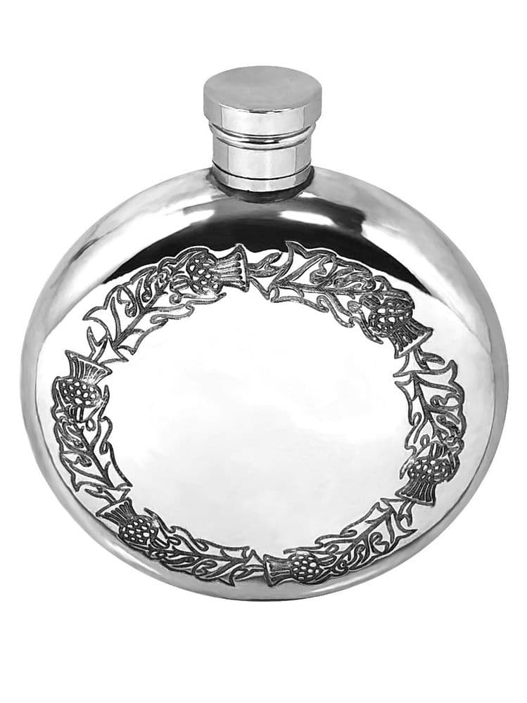 Circular Thistle Border 6oz Pewter Hip Flask