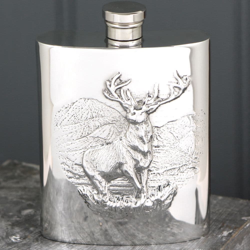 Embossed Pewter Stag Hip Flask