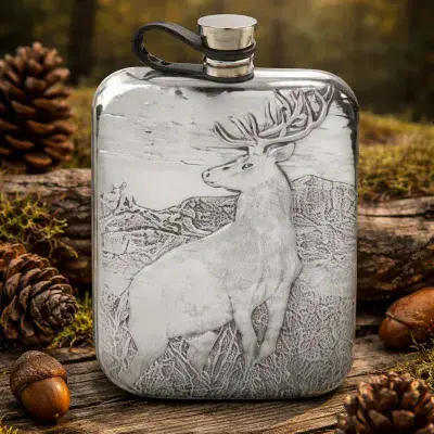 Embossed Pewter Stag Hip Flask