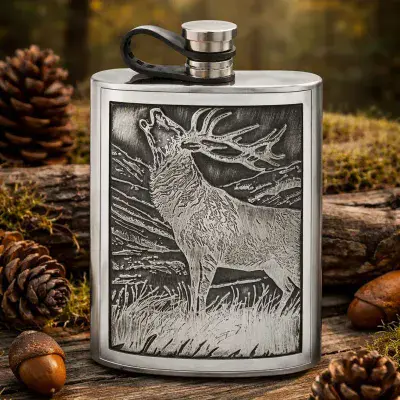 Embossed Stag  Design Hip Flask