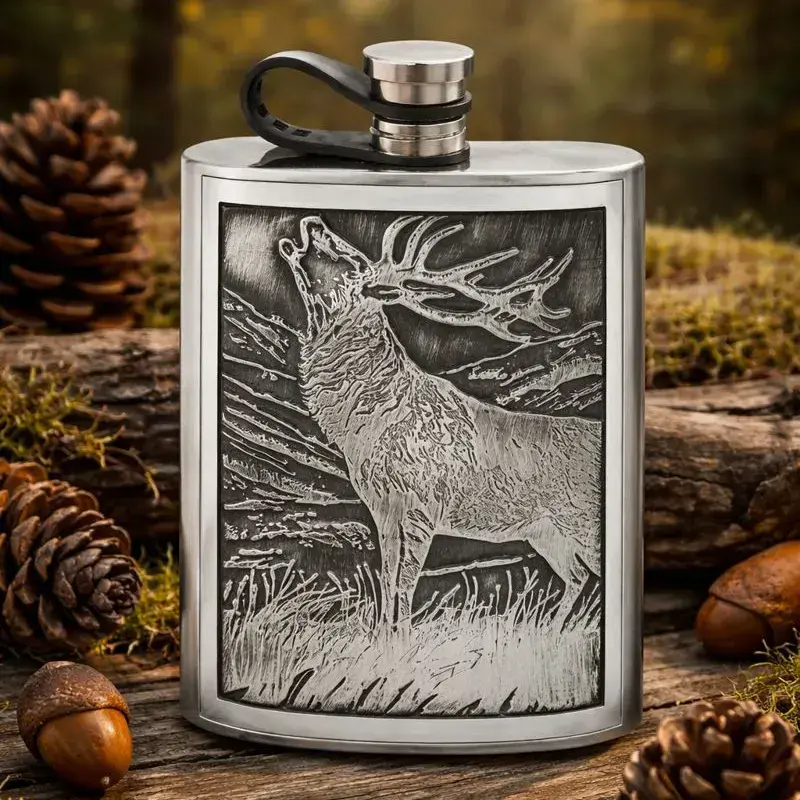 Embossed Stag Design Hip Flask